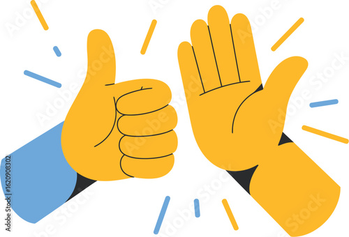 Cartoon illustration of a thumbs up hand and an open hand on a pink background with light effects