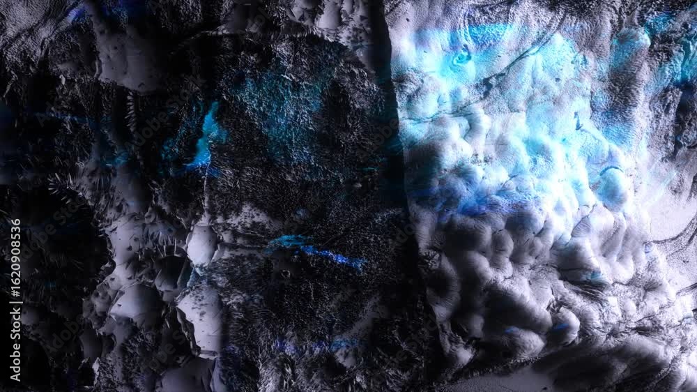 3d render of abstract art with surreal mineral geology stone object ocean coral reef or asteroid or winter ice cold mountain rock stone object on a black background with neon fluorescent glow elements