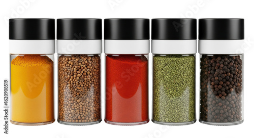Fototapeta Naklejka Na Ścianę i Meble -  Set of five glass spice jars with black lids filled with colourful spices and herbs isolated on a white background
