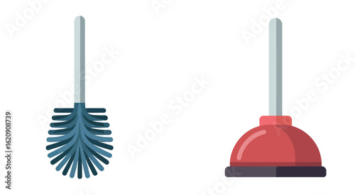 A simple illustration of a toilet brush and a red plunger on a white background with rounded square frames