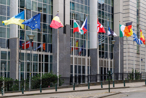 European flags in front of the European Parliament