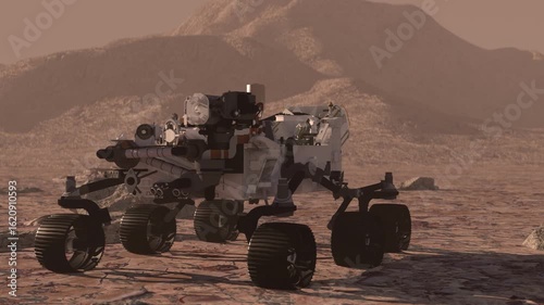 Mars rover deploys its equipment against the backdrop of a true Martian landscape. 3d rendering animation.