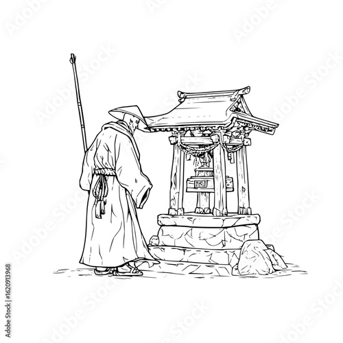 Japanese monk at temple shrine with staff in black and white line art vector illustration drawing design