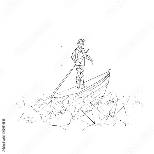 Geometric boat ride drawing man water sea ocean captain vessel travel adventure line art illustration design