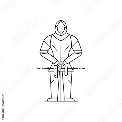 Medieval warrior knight armor helmet sword belt line art illustration vector graphic design concept image