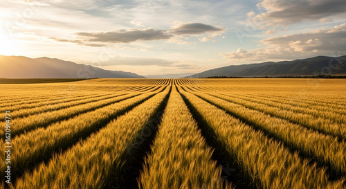 Breathtaking golden wheat field at sunset with majestic mountains on the horizon offers serene beauty