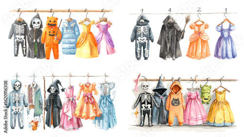 Watercolor illustration of kids’ Halloween costumes and princess dresses hanging on racks. Fun and festive outfit variety for spooky season and costume parties.

