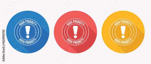 Three Colorful High Priority Warning Signs With Exclamation Marks