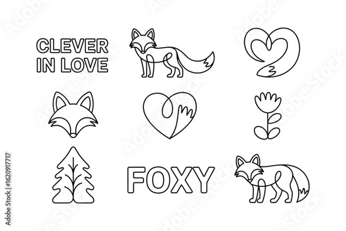 Clever Foxy Fox Heart Flower Tree Line Art vector