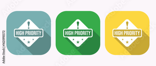 High Priority Alert Icons Set in Square Shapes with Different Background Colors