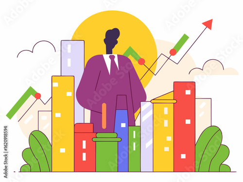Silhouette of businessman with abstract cityscape and stock market data in double exposure