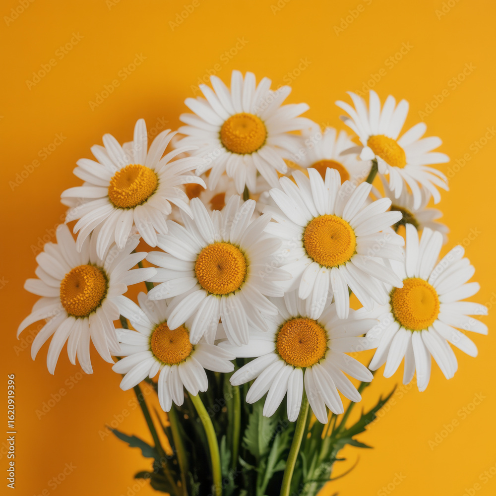 Fototapeta premium Bouquet of White Daisies on Bright Yellow Background