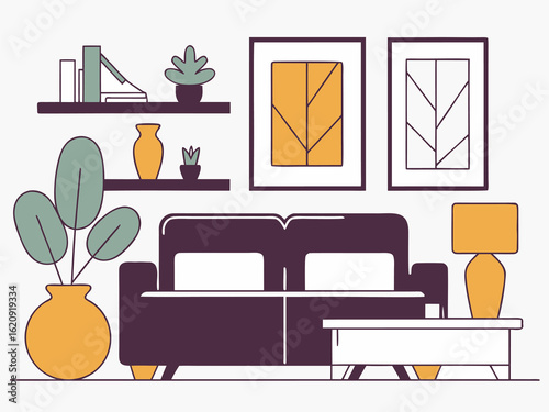 Minimalist living room wall art line illustration featuring stylish furniture and home decor accessories.