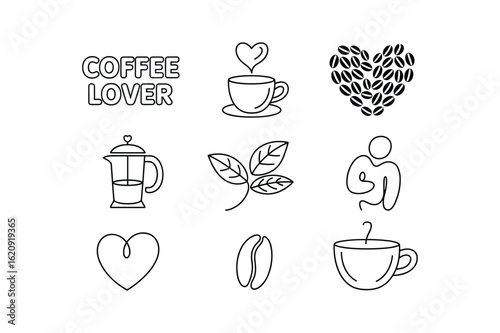 Coffee lover icons featuring cups beans french press leaves and heart shapes saucer