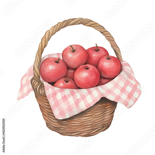 Charming watercolor illustration of ripe red apples nestled in a woven basket, evoking a sense of rustic charm and seasonal harvest delight.