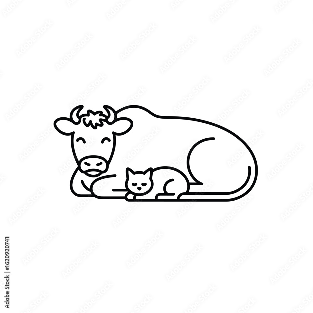 Obraz premium Cow and cat resting together animal domestic