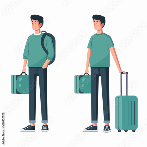 A tourist with a suitcase. Colored flat illustration. White background.