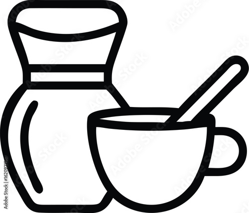 Minimalist Coffee Pot and Cup Icon with Spoon – Black Line Art Breakfast Beverage Symbol for Cafes, Menus, Apps, Kitchen Graphics, Vector Clipart for Coffee Shop Branding & Design