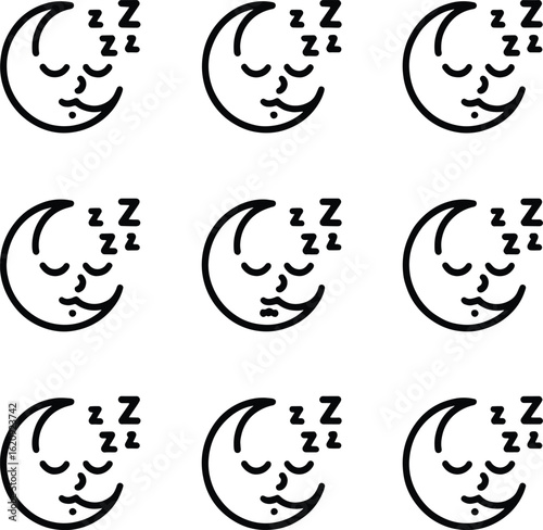 Nine sleeping moon icons with Zzzs night dream