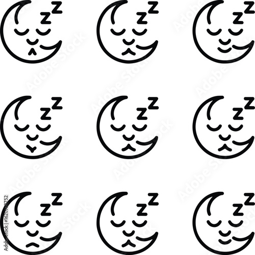Nine sleeping moon icons with Zzzs night dream