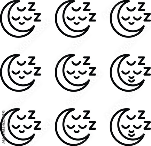 Nine sleeping moon icons with Zzzs night dream