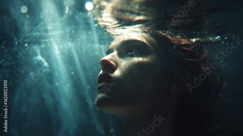 Scared in terror lady under water still overwhelms swarm swamp underwater effortless 