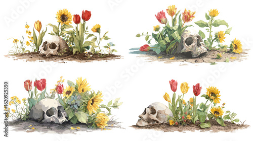 Watercolor illustrations depicting human skulls surrounded by blooming flowers like sunflowers and tulips, symbolizing life and death contrast.

