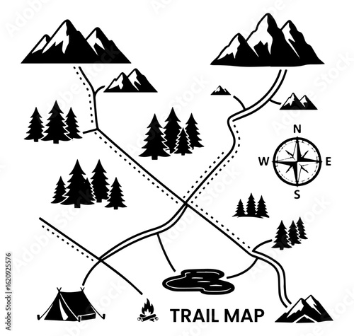 Mountain Trail Map Vector Set, Hand-Drawn Hiking Route Illustrations, Outdoor Adventure Landscape, Nature Path Clipart Design