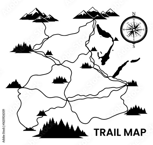 Mountain Trail Map Vector Set, Hand-Drawn Hiking Route Illustrations, Outdoor Adventure Landscape, Nature Path Clipart Design