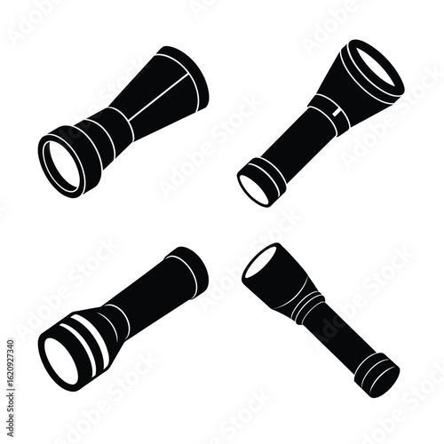 Flashlight Silhouette Set – Vector Icons of Portable Torch and Handheld Light Devices