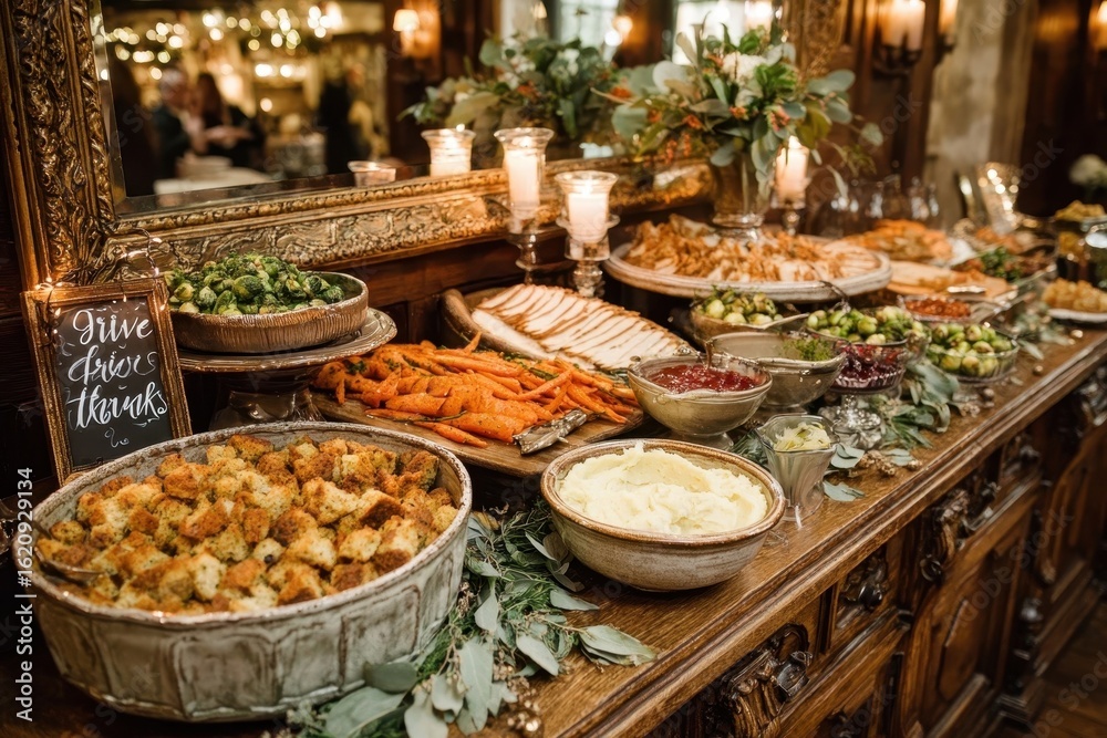 Fototapeta premium An elegant Thanksgiving buffet showcases traditional holiday dishes, including turkey, stuffing, mashed potatoes, and Brussels sprouts, beautifully arranged on a rustic wooden table.