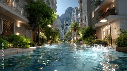 Fototapeta Naklejka Na Ścianę i Meble -  Rising water engulfs a small mountain town, with streets and buildings underwater and cars bobbing on the flood's surface under a clear sky