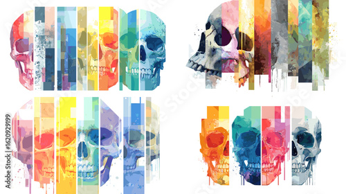 Abstract colorful skull art with geometric bars and watercolor texture, blending modern design and human anatomy in creative style.

