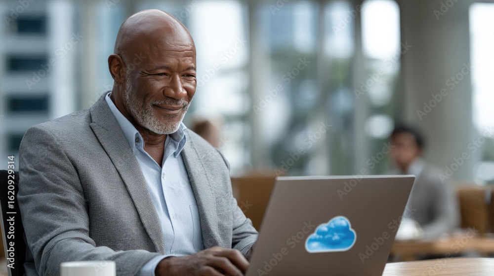 Fototapeta premium Middle-aged Black man in business casual attire works focused on his laptop while others enjoy coffee nearby in a well-lit office