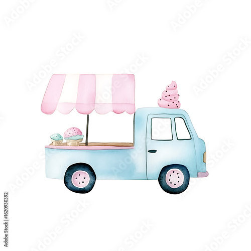 Pastel-colored watercolor illustration of an ice cream truck. A sweet, vintage-inspired treat on wheels! Perfect for summer celebrations and sweet cravings.