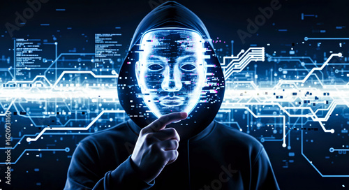 Hacker in Black Hoodie Holding Holographic Mask in Front of their Face, Collage with Glitch Effects and Circuit Pattern 