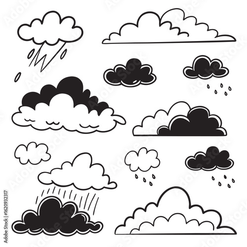 Collection of hand drawn black and white cartoon clouds with rain weather storm