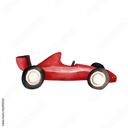 Watercolor illustration of a red race car, reminiscent of classic motorsport toys, featuring sleek design and vibrant color against a clean white background.