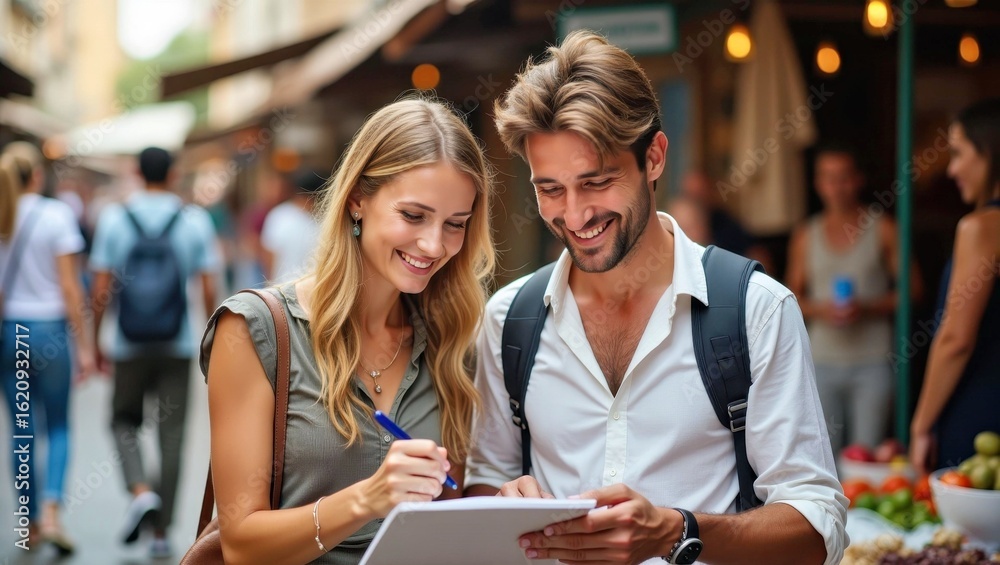 © TopPhoto - Young smiling couple writing on clipboard outdoor market shopping tour © TopPhoto - Young smiling couple writing on clipboard outdoor market shopping tour