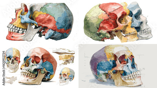Color-coded anatomical skull illustrations highlighting cranial bones, ideal for medical, educational, and scientific content.

