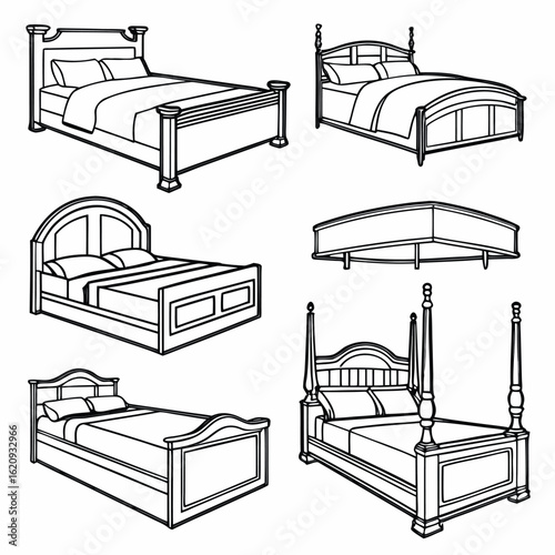 Collection of six different black and white line art illustrations of beds with pillows and blankets