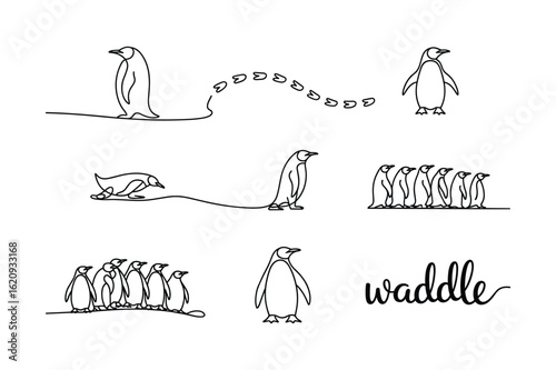 Line art penguins and footprints black and white illustration