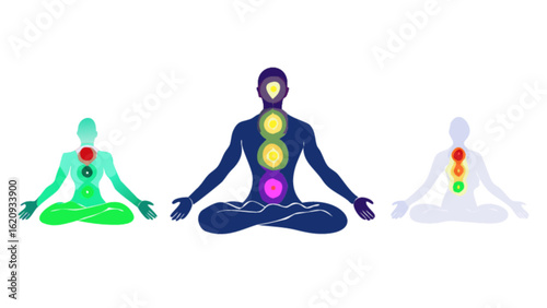 Illustration of three figures in meditation pose, each representing a different chakra system, isolated on white background for spiritual and wellness concepts