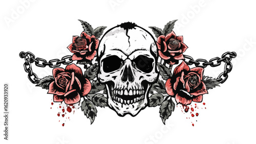 Skull with roses and chains illustration on white background, a vintage gothic design element for tattoo, rock, or dark themed artwork, isolated on white background