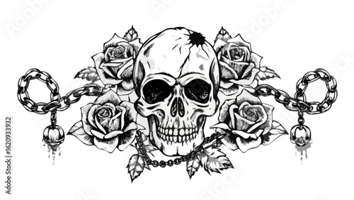 Black and white skull with roses and chains illustration, a vintage gothic design element for tattoo, rock, or dark themed artwork, isolated on white background