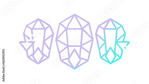 Three geometric crystal gems with a modern and elegant design, isolated on white background, perfect for jewelry, luxury, or decorative concepts