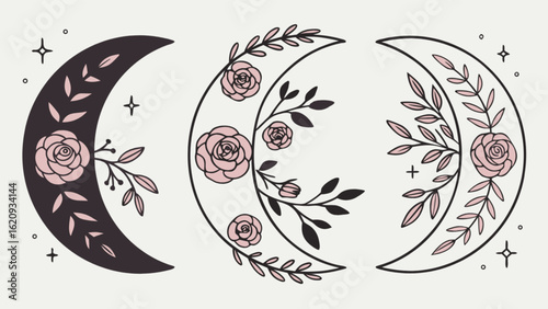 Three crescent moons adorned with delicate roses and botanical elements, creating a mystical and enchanting design isolated on white background