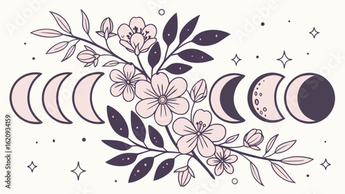 Delicate illustration of moon phases intertwined with blooming flowers and stars, symbolizing growth, transformation, and celestial beauty, isolated on white background