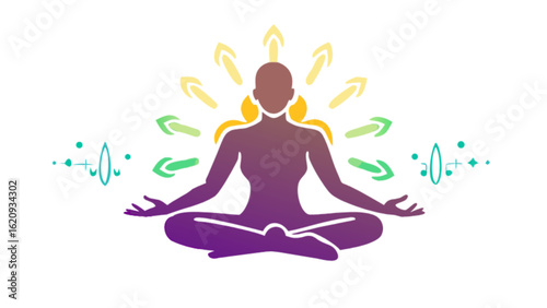 Silhouette of a meditating woman in lotus pose with energy flow and connection, radiating aura, isolated on white background for spiritual wellness