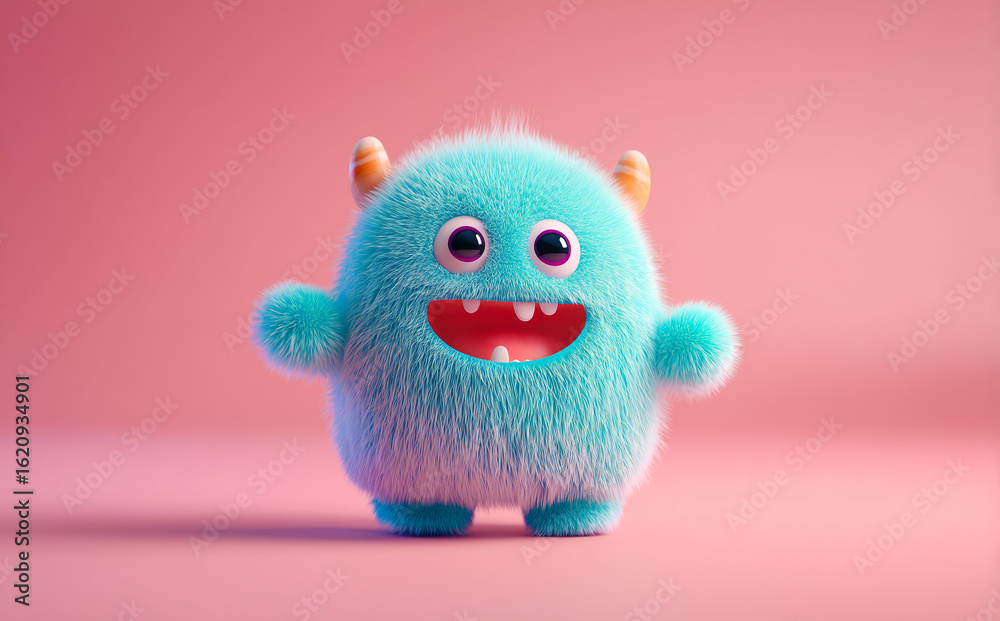 Fototapeta premium Cute blue monster with horns waving hands.